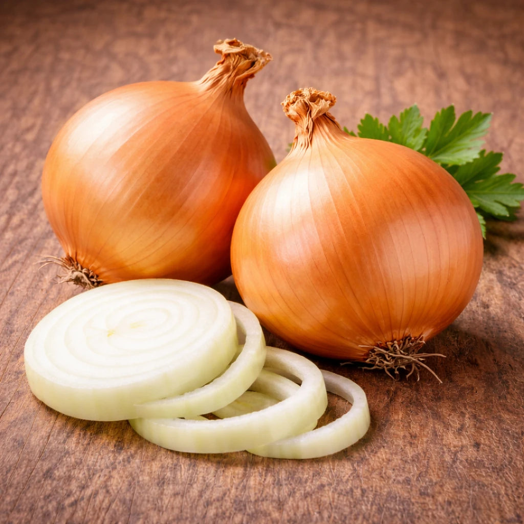 黄洋葱商品补充图，展示完整球茎形态与表皮细节。