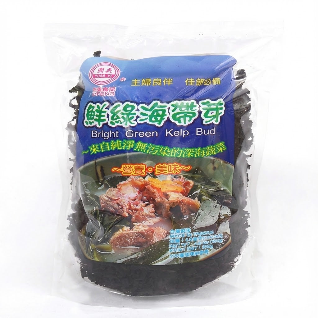 义峰鲜绿海带芽 130g 包装袋正面，展示品牌与干货形态