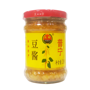 奕辉普宁豆酱 218g 玻璃瓶装正面图，金黄酱体与饱满豆粒清晰可见