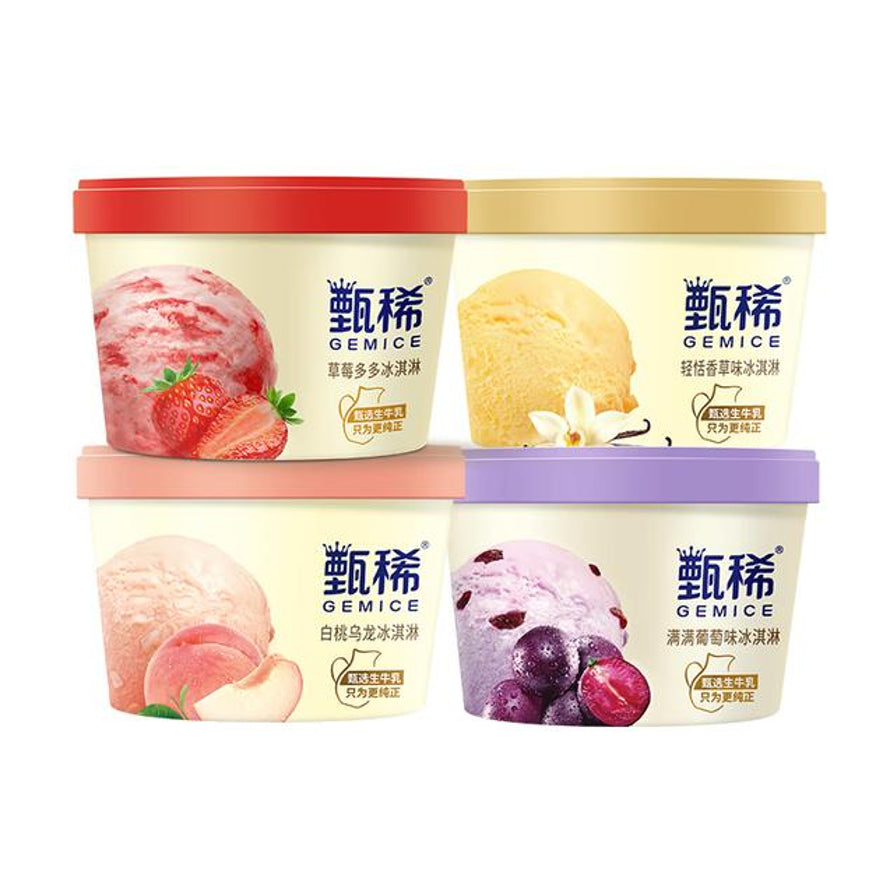 伊利甄稀四联杯冰淇淋组合，包含草莓、香草、白桃乌龙和葡萄四种口味的杯装展示。