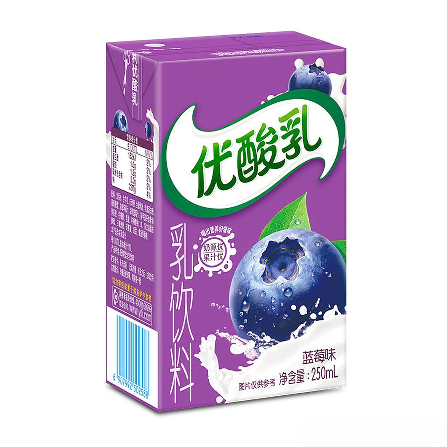 伊利优酸乳蓝莓味250ml包装，紫色背景印有新鲜蓝莓图案