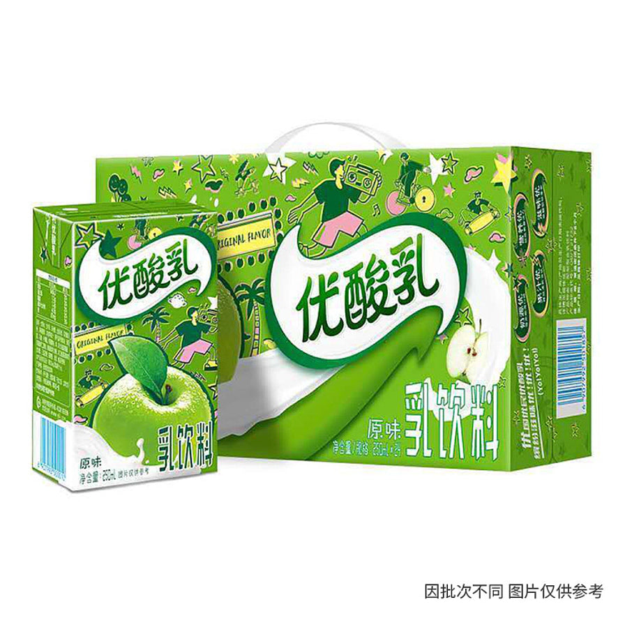 伊利优酸乳原味单盒与整箱包装对比展示，绿色主题礼盒装