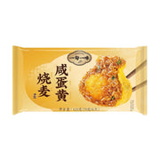 一旬一味咸蛋黄烧麦包装图，展示了包含整颗咸蛋黄的烧麦特写，包装上印有品牌Logo、产品名称及净含量420克（6只装）信息。
