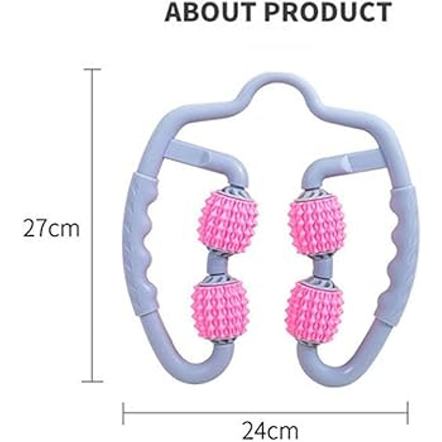 瑜伽夹腿器尺寸标注图，显示高度为27厘米，宽度为24厘米，上方有ABOUT PRODUCT字样。