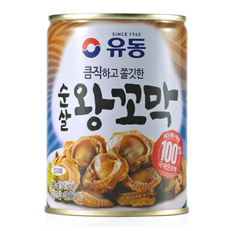 Yoo Dong 韩国酱油血蛤罐头正面图，展示 280g 金属罐身包装与标签细节