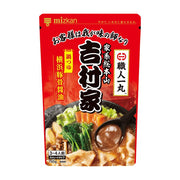 吉村家横滨猪骨酱油风味火锅底料包装正面，红色背景，上方有Mizkan品牌标识，下方展示了煮好的火锅实物图，包含肉片、蔬菜和浓郁汤底。