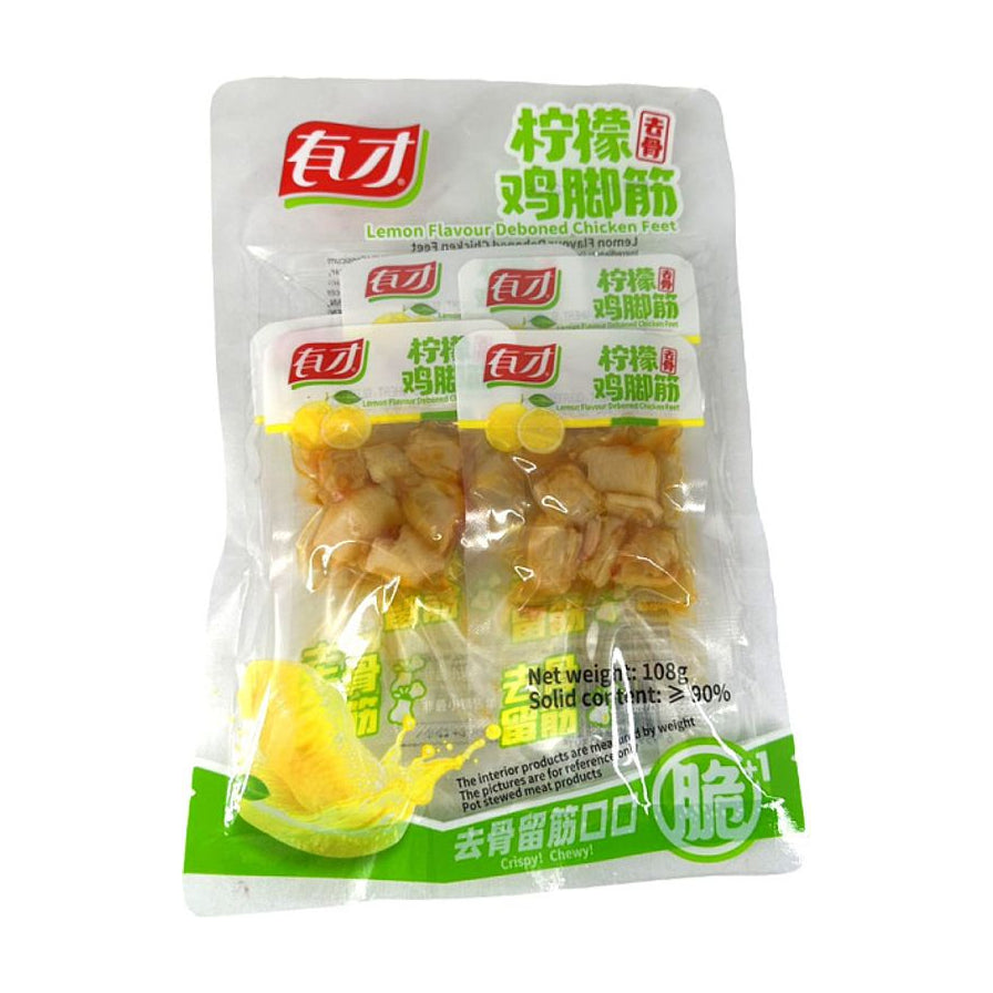 有才柠檬去骨鸡脚筋 108g 产品包装正面图，展示透明袋内独立小包装及柠檬图案。