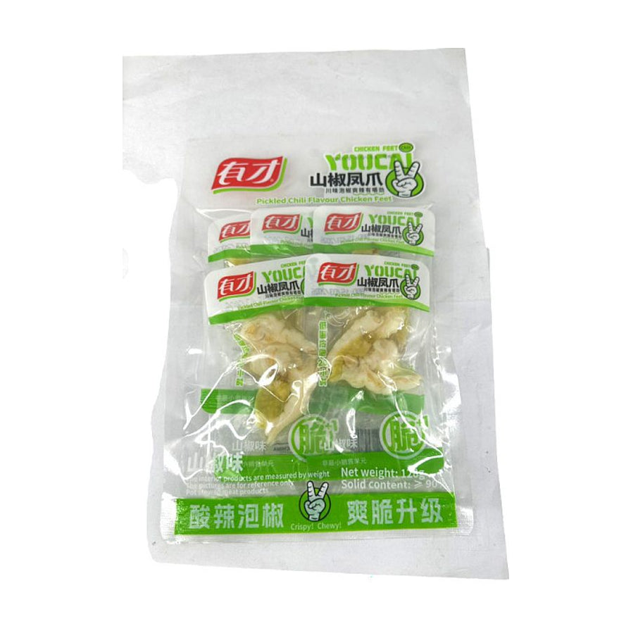 有才山椒凤爪 128g 产品包装正面图，透明袋内可见独立小包装鸡爪，绿色标签印有“酸辣泡椒”和“爽脆升级”字样。