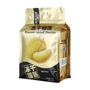 有零有食冻干榴莲58克袋装，包装呈现金色与黑色设计，印有新鲜榴莲图案及Freeze - dried Durian英文字样。