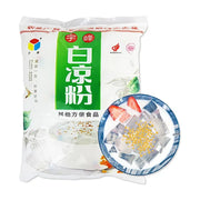 宇峰白凉粉500g袋装，包装正面印有绿色标签和白凉粉字样，右下角配有加入草莓和桂花的成品白凉粉展示图。