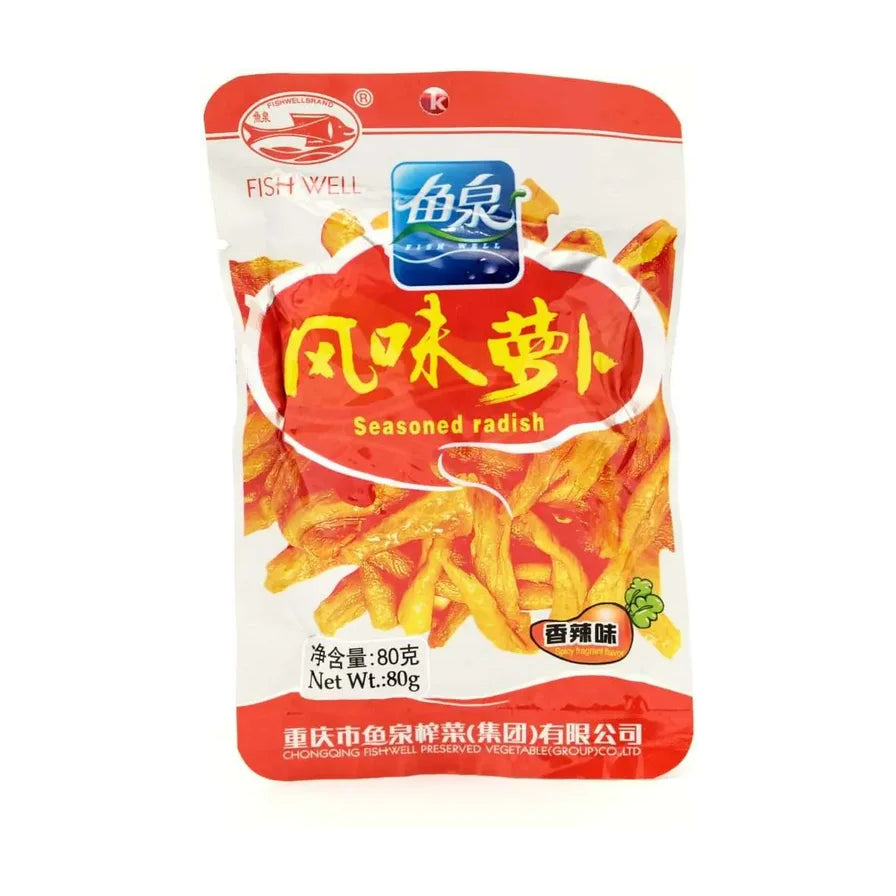 鱼泉风味萝卜香辣味包装正面，红色袋身印有萝卜条图案及净含量80克信息。
