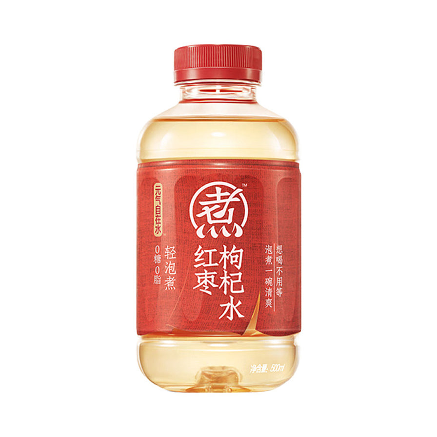 元气森林自在水系列红枣枸杞水500ml瓶装，红色包装，红色瓶盖，展示正面标签。