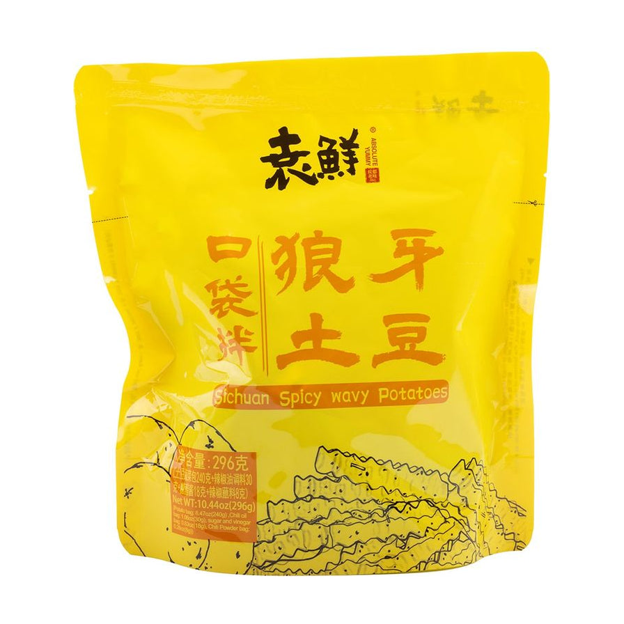 袁鲜口袋拌狼牙土豆黄色包装袋正面，印有品牌名、产品名及四川风味波浪土豆插图，净含量296克。