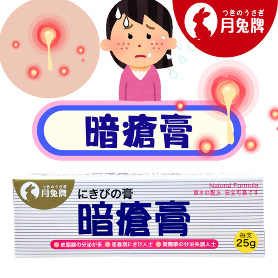 月免牌暗疮膏宣传图，包含卡通红肿痘痘示意、人物插画和产品盒图