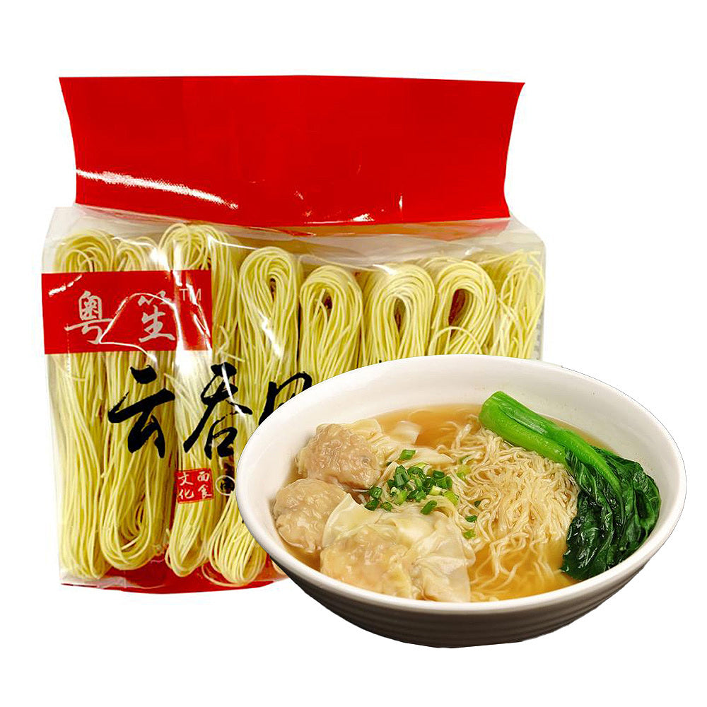 粤笙广式云吞面干面饼正面图，呈现纤细且富有弹性的面条形态。
