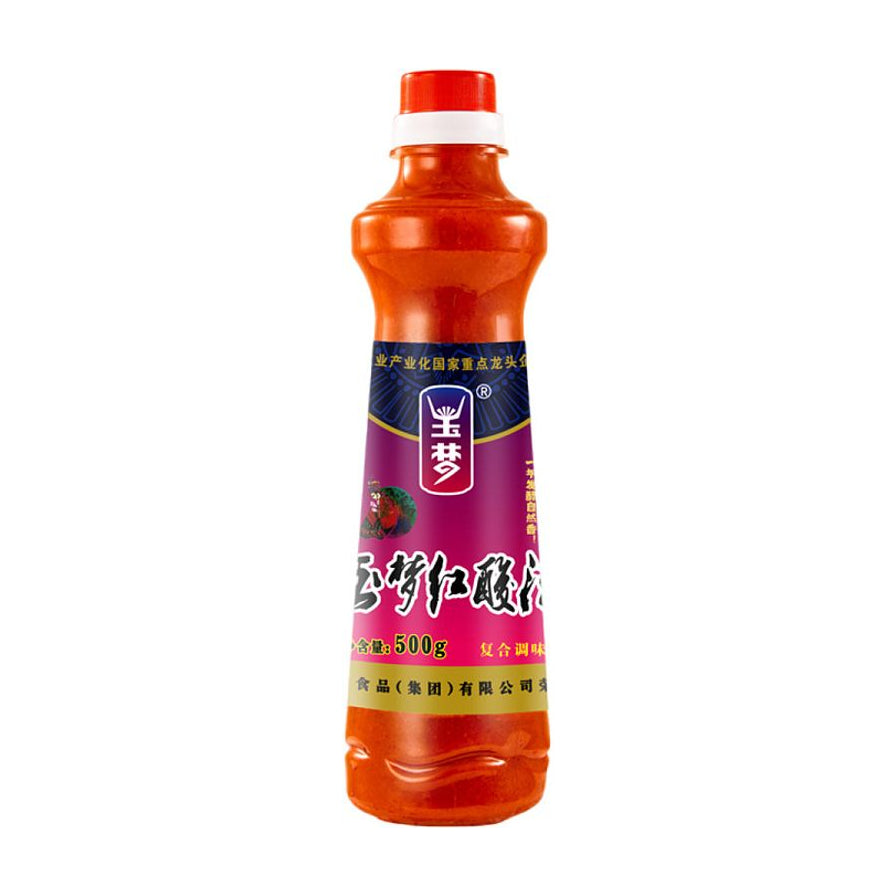 玉梦红特级酸汤500g瓶装正面图，展示紫色标签、品牌Logo及红亮色泽的酸汤液体。