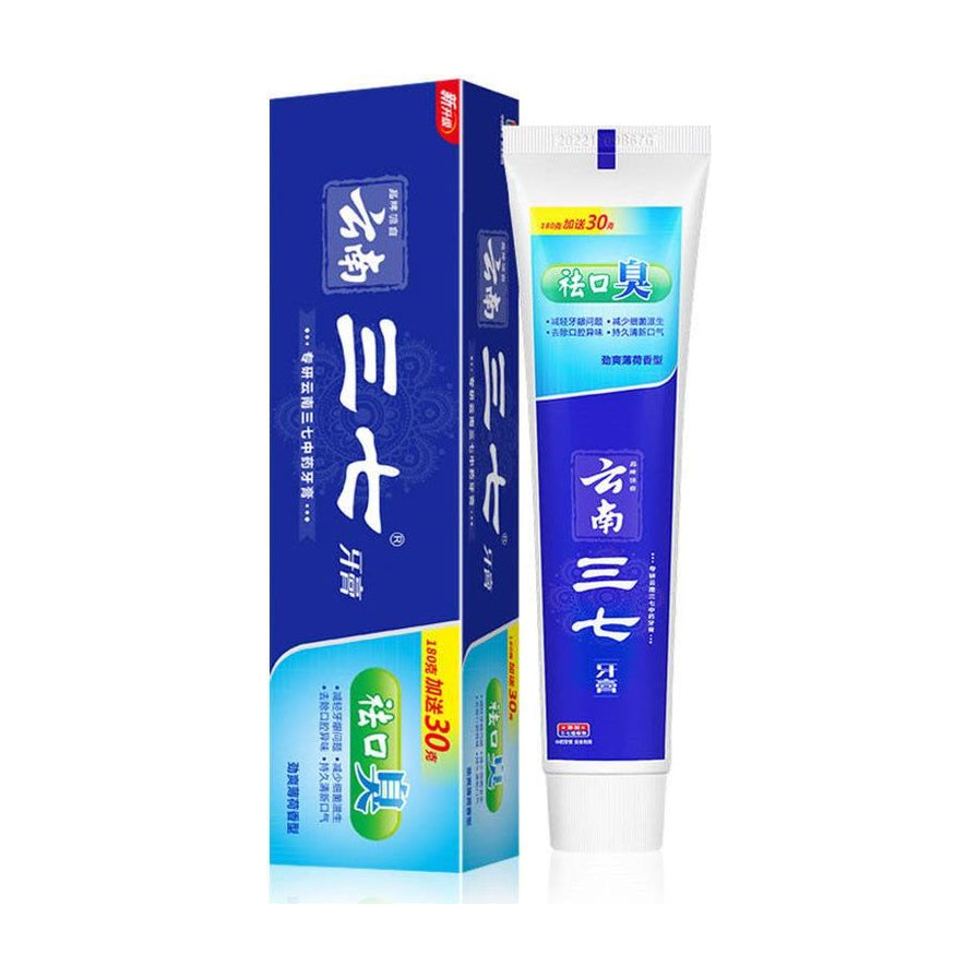 云南三七祛口臭牙膏蓝色包装盒与白色管装牙膏，包装上印有祛口臭字样及劲爽薄荷香型说明。