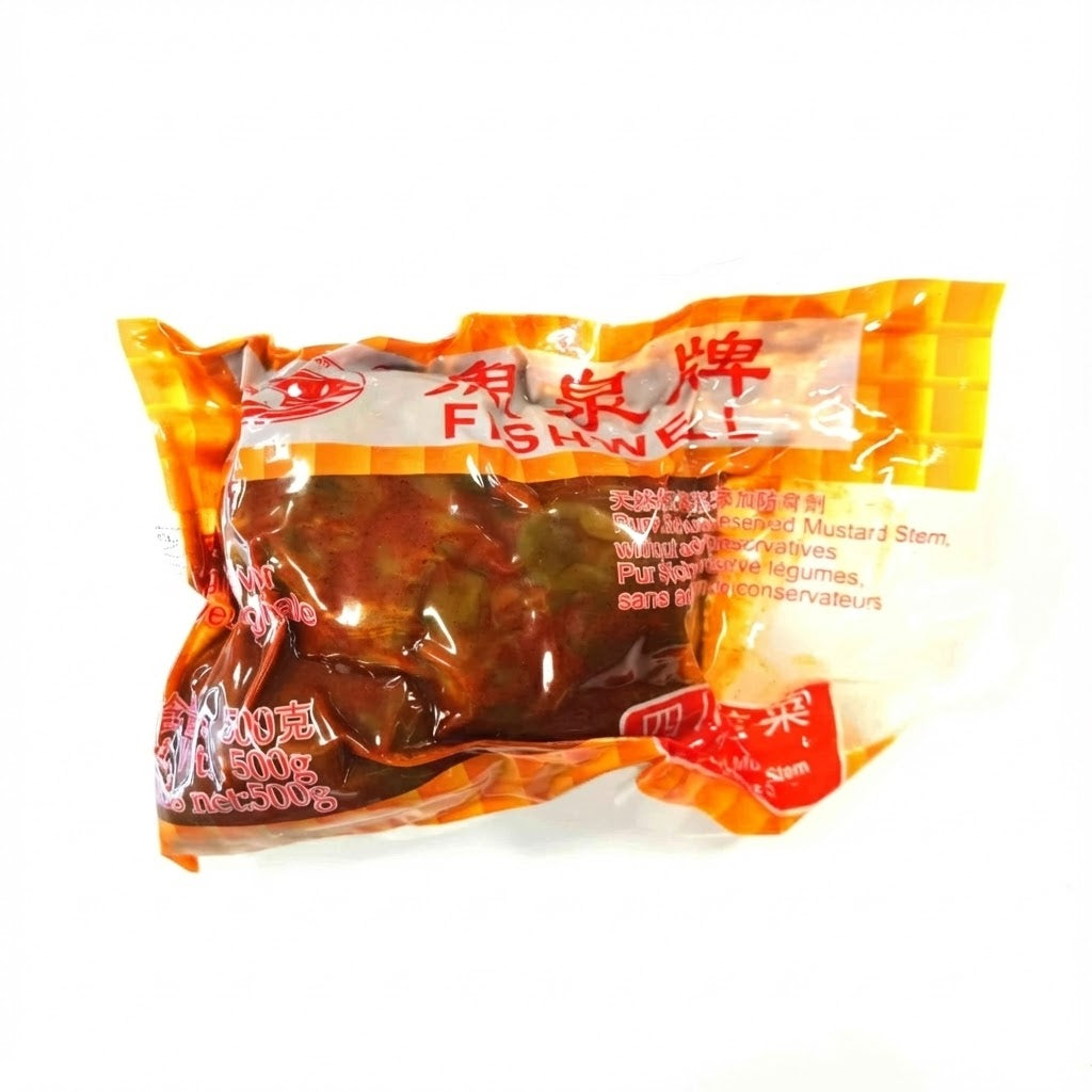 鱼泉榨菜整块 500g 包装袋正面，展示四川老坛腌制特产及品牌信息