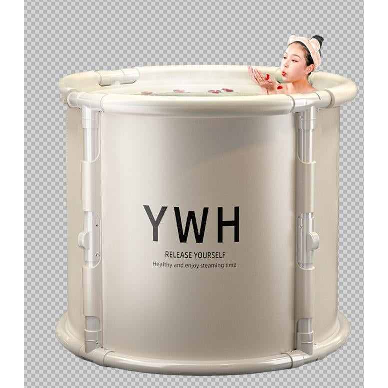灰色 YWH 折叠浴桶正面展示，带有白色支架和英文标语，背景为透明格纹。