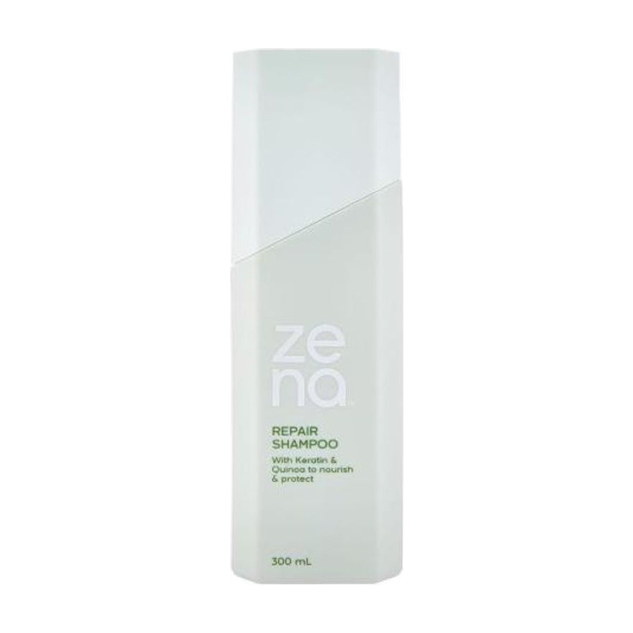 ZENA 植萃修护洗发水 300ml 正面图，白色与浅绿色拼接瓶身，印有 REPAIR SHAMPOO 字样。