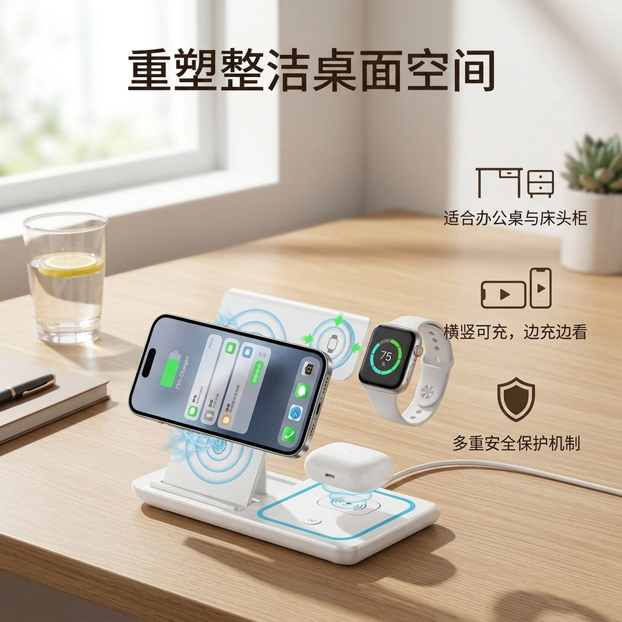 三合一无线充电器放置在木质桌面上，手机横向放置充电，配有重塑整洁桌面空间等中文卖点文字。