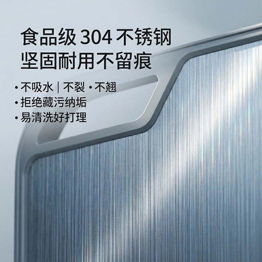 食品级304不锈钢菜板细节图，展示拉丝金属纹理，配有坚固耐用不留痕、不吸水、不裂、不翘、易清洗好打理的文字说明。