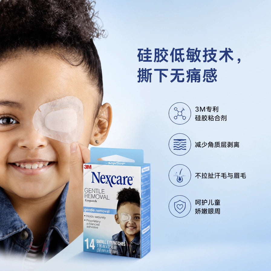 儿童佩戴眼贴的卖点海报，右侧展示硅胶低敏技术和撕下无痛等中文说明