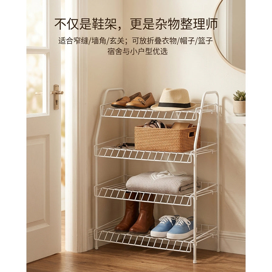 玄关场景中的白色四层鞋架，配有中文标题“不仅是鞋架，更是杂物整理师”，展示多功能收纳。
