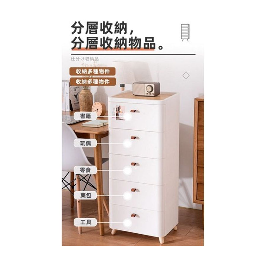 展示分层收纳功能的收纳柜图片，包含中文标注说明各层可存放书籍、玩偶等物品。