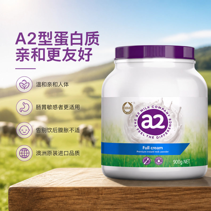 a2 奶粉罐装产品图，背景为绿色牧场，左侧列出 A2 型蛋白质亲和肠胃、澳洲原装进口等卖点。