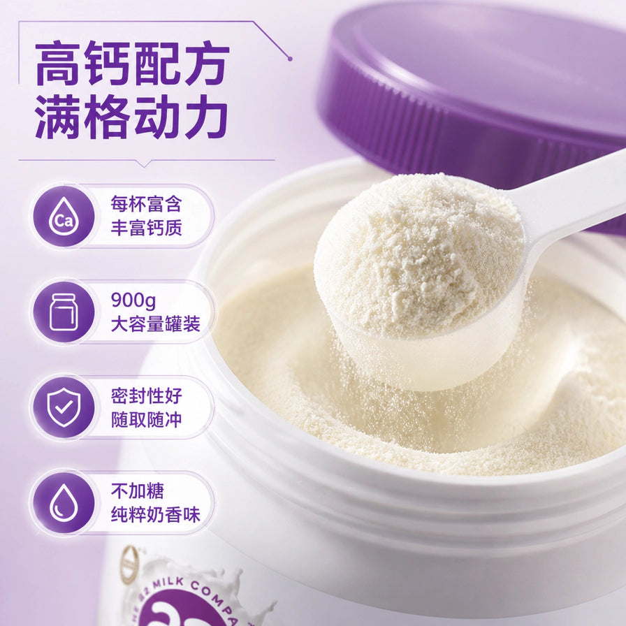 a2 奶粉罐口特写，展示细腻的奶粉质地和配套量勺，左侧标注高钙配方和密封性好等特点。
