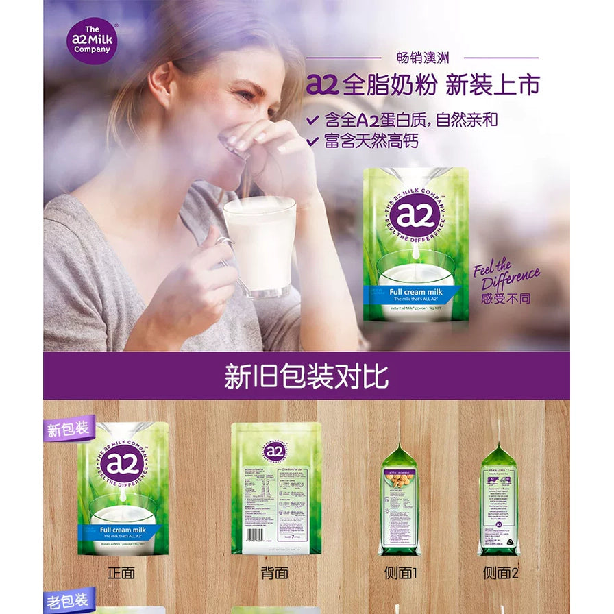 a2全脂成人奶粉新旧包装对比图，展示正面、背面及侧面细节，配有中文说明文字