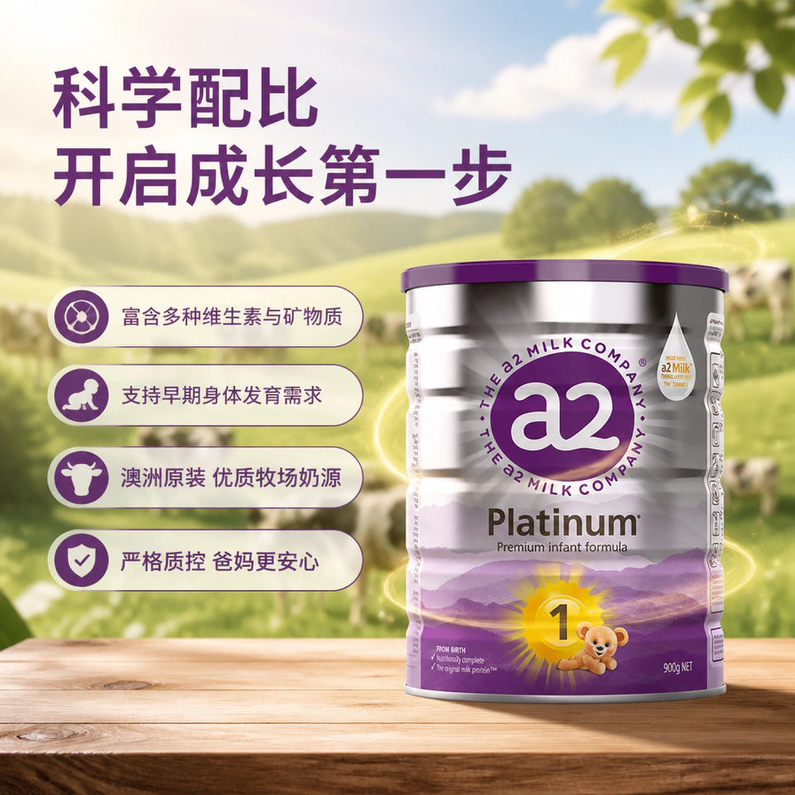 a2 Platinum 至初 1段奶粉在牧场背景下的展示，配有科学配比、澳洲原装等中文卖点。
