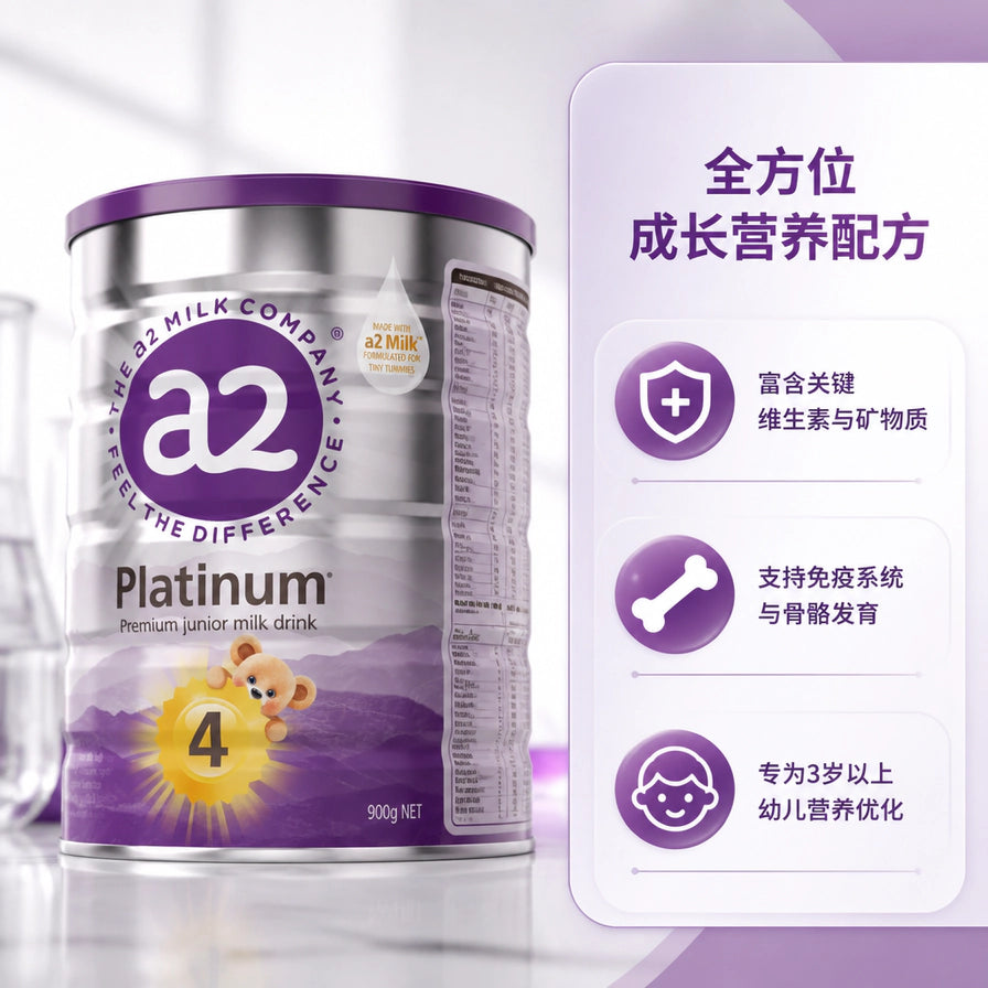 a2 Platinum 4段奶粉产品介绍图，包含全方位成长营养配方说明及维生素、免疫系统、幼儿营养优化图标。