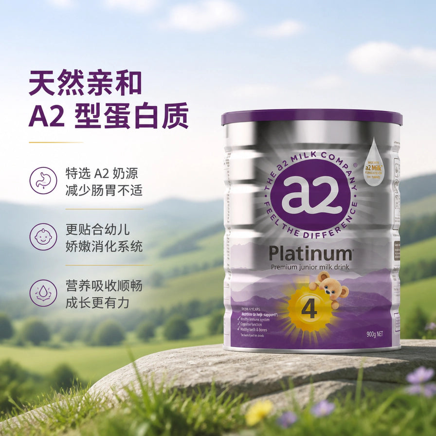 户外自然背景下的 a2 Platinum 4段奶粉，配有天然亲和 A2 型蛋白质及奶源优势的中文卖点说明。