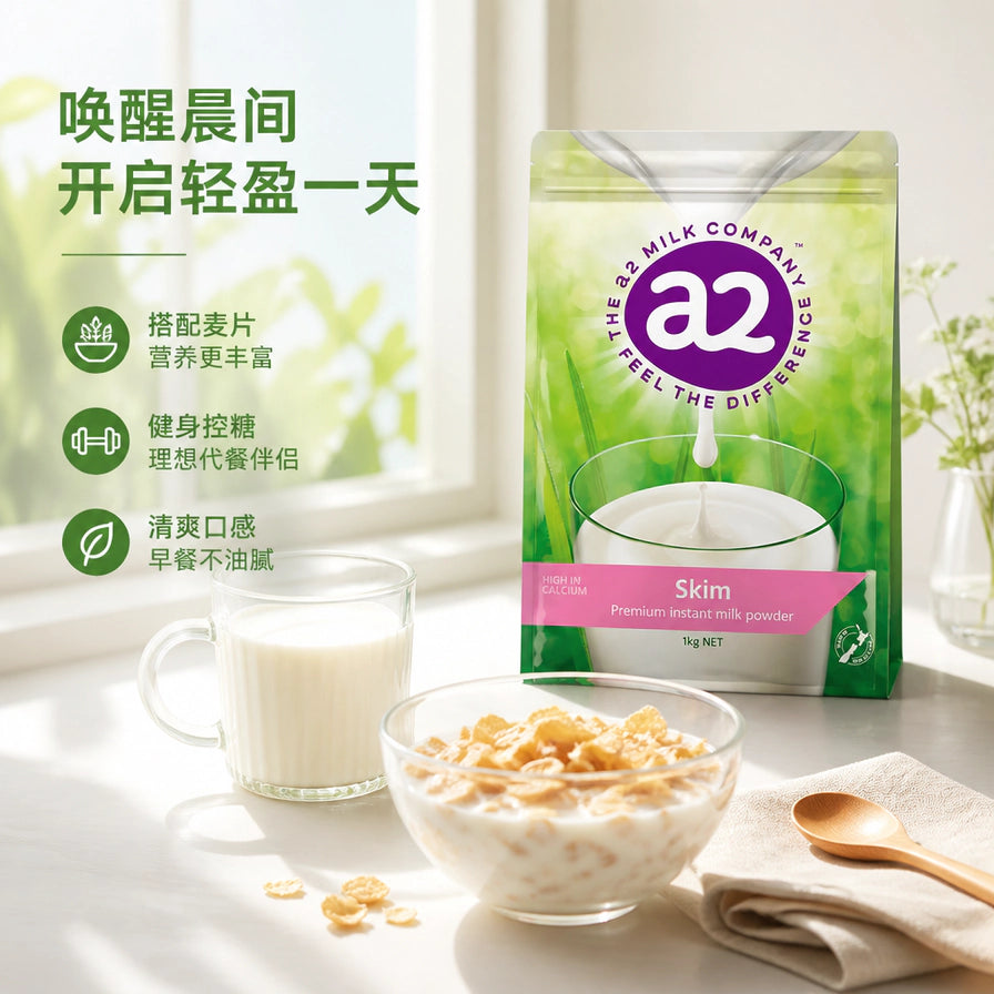 早餐场景展示，a2 脱脂奶粉包装袋旁放有一碗麦片和一杯牛奶，背景为明亮的窗边。