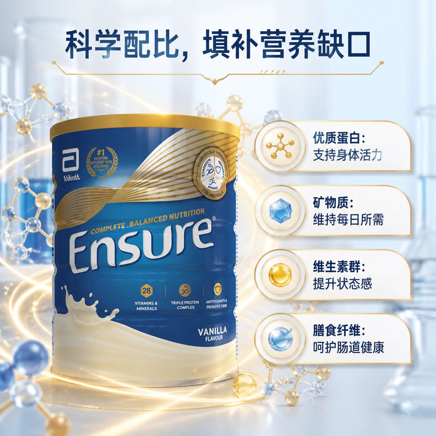 雅培 Ensure 安素成人营养粉科学配比宣传图，展示优质蛋白、矿物质、维生素群和膳食纤维对身体的支持作用。