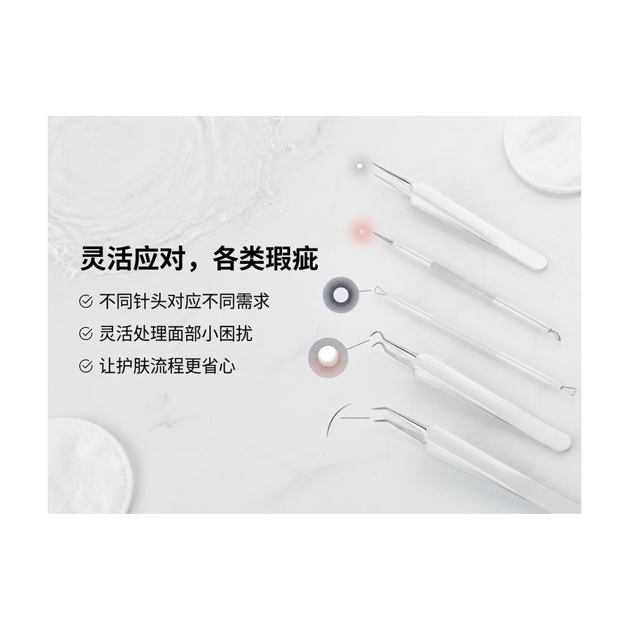 暗疮针套装搭配中文卖点文案与功能示意图，展示针对不同面部瑕疵的清洁效果。