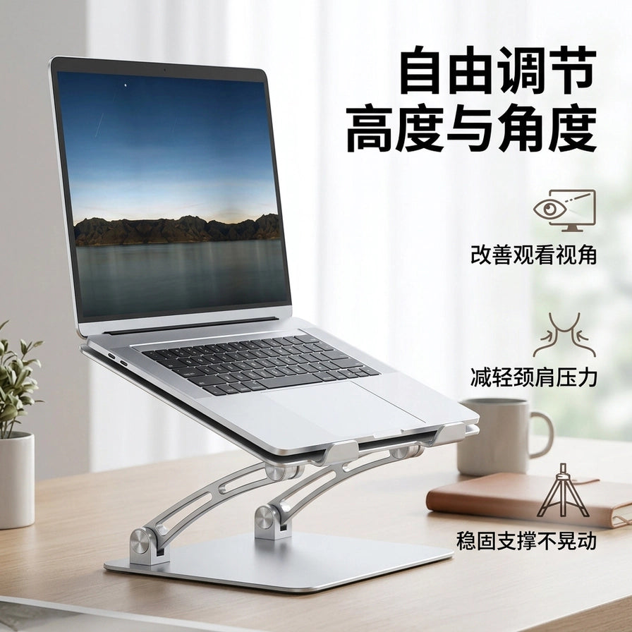 铝合金笔记本支架侧视图，配有中文说明文字，强调自由调节高度与角度、改善观看视角、减轻颈肩压力及稳固支撑。