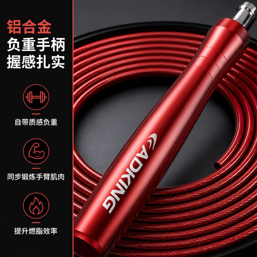 红色铝合金负重手柄近景特写，侧边文字强调握感扎实、自带负重及提升燃脂效率等卖点。