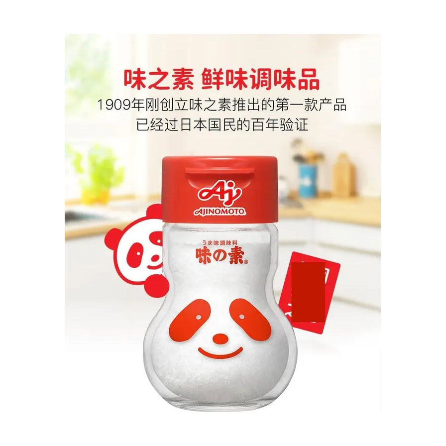 厨房背景下的味之素熊猫瓶宣传图，上方有中文标题“味之素 鲜味调味品”及品牌历史介绍文字。