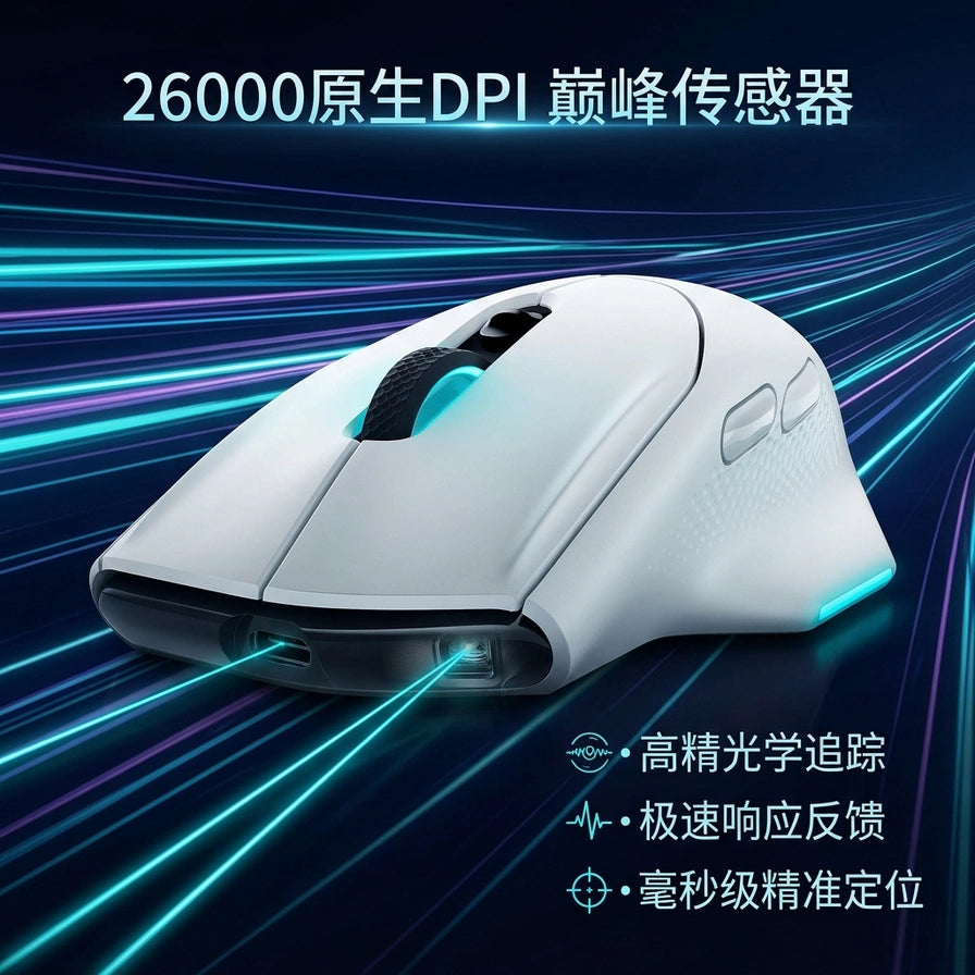 外星人 AW620M 鼠标卖点图，展示 26000 原生 DPI 巅峰传感器、高精光学追踪及极速响应反馈。