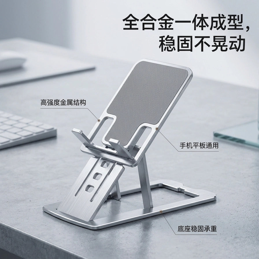 在办公桌面场景下的全合金支架，标注有高强度金属结构、手机平板通用、底座稳固承重等中文说明。