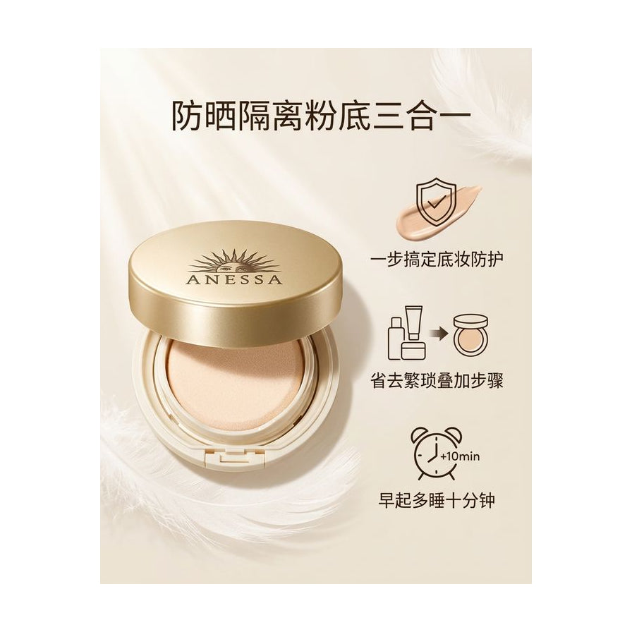 安耐丽三合一功能示意图，包含防晒隔离粉底中文说明及图标。