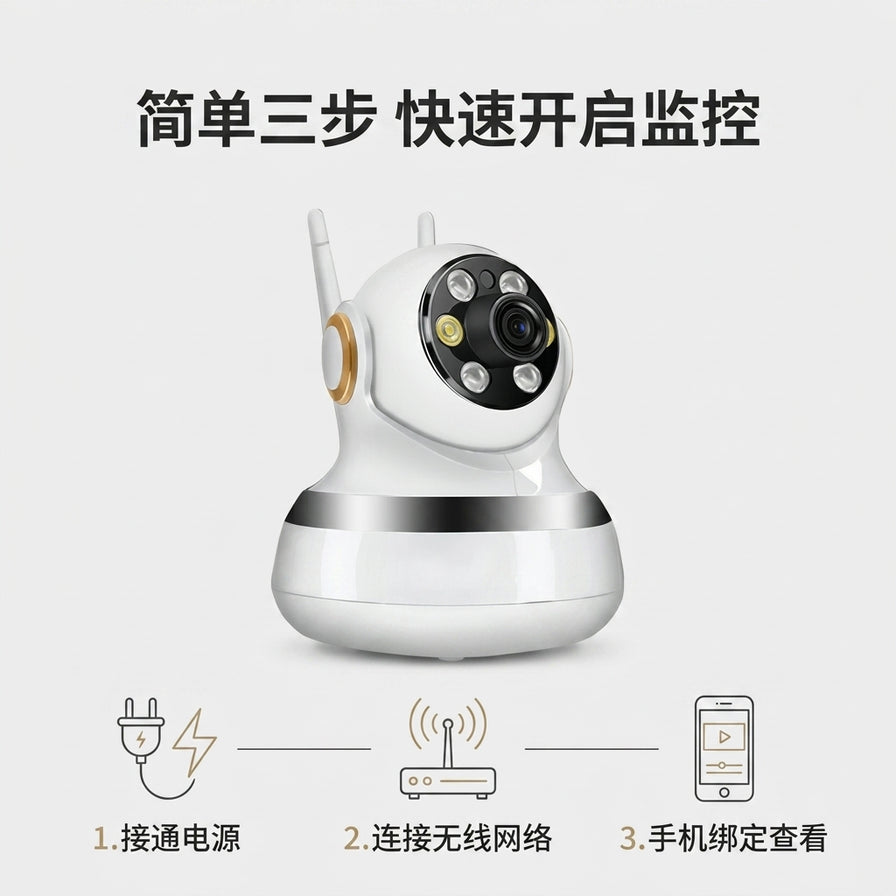 ANJIELO SMART 监控摄像头安装步骤图示，包括接通电源、连接无线网络和手机绑定查看。