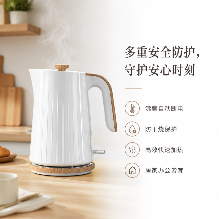Anko 电热水壶在居家环境中的使用场景，标注多重安全防护、自动断电及防干烧功能。