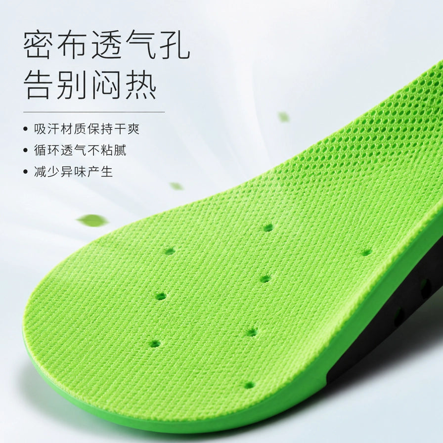 鞋垫表面密布透气孔的近距离特写，配有告别闷热、吸汗干爽的中文功能介绍。