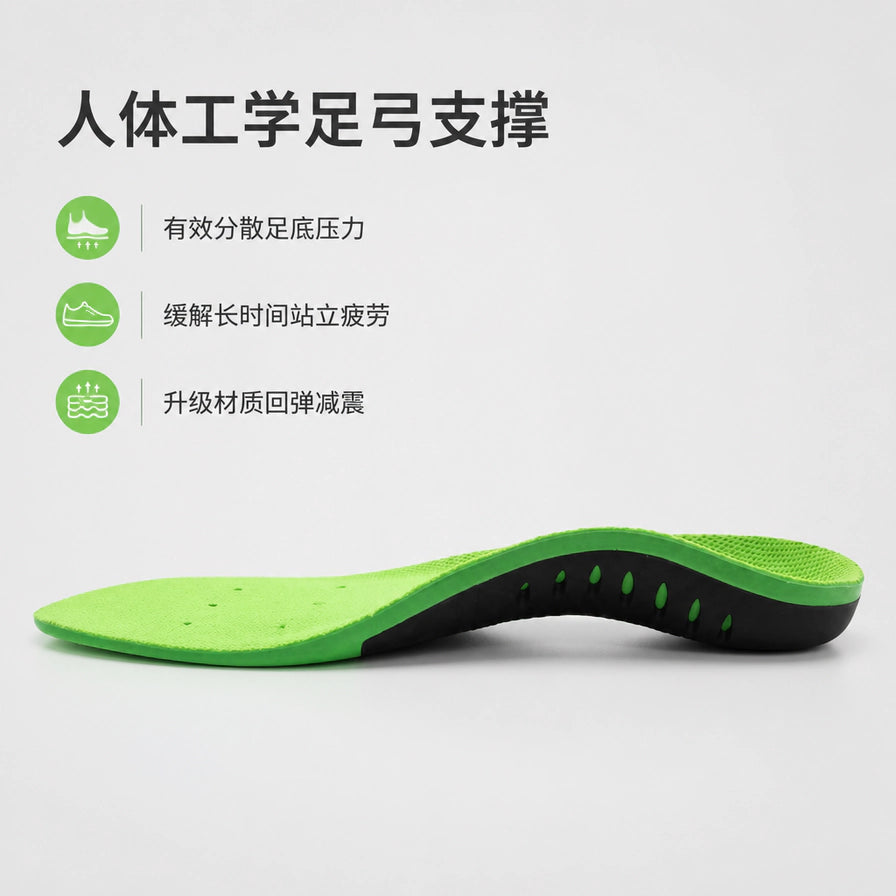 鞋垫侧面特写，展示人体工学足弓支撑弧度，配有分散压力、缓解疲劳、回弹减震的中文卖点说明。