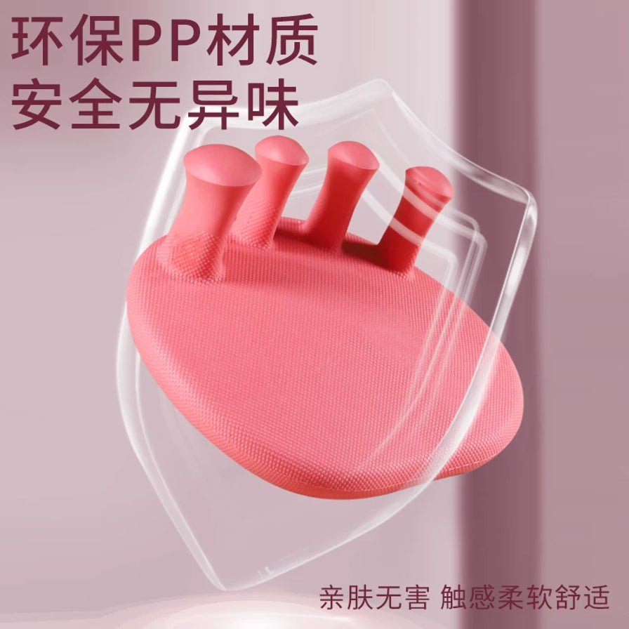 粉色足弓训练器特写，配有环保PP材质、安全无异味、亲肤无害等卖点文字说明。