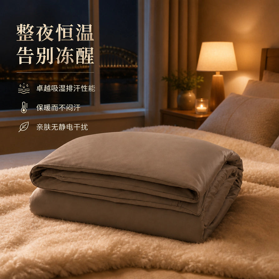 温馨卧室场景中叠放在床上的羊毛毯，背景为悉尼海港大桥夜景，配有整夜恒温告别冻醒等中文说明。